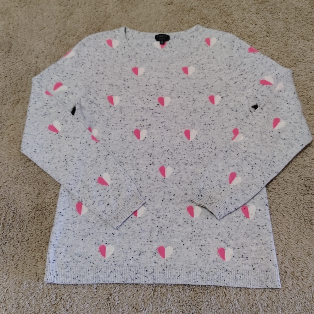 Talbots Gray 100% Cashmere Pink Hearts  Crewneck Sweater Valentine's